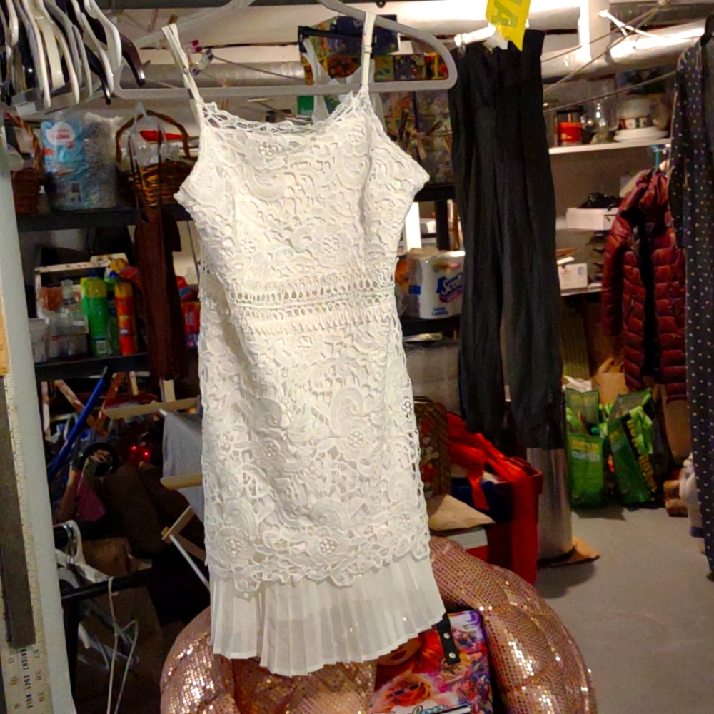 White lace mini dress, small, brand is double crazy